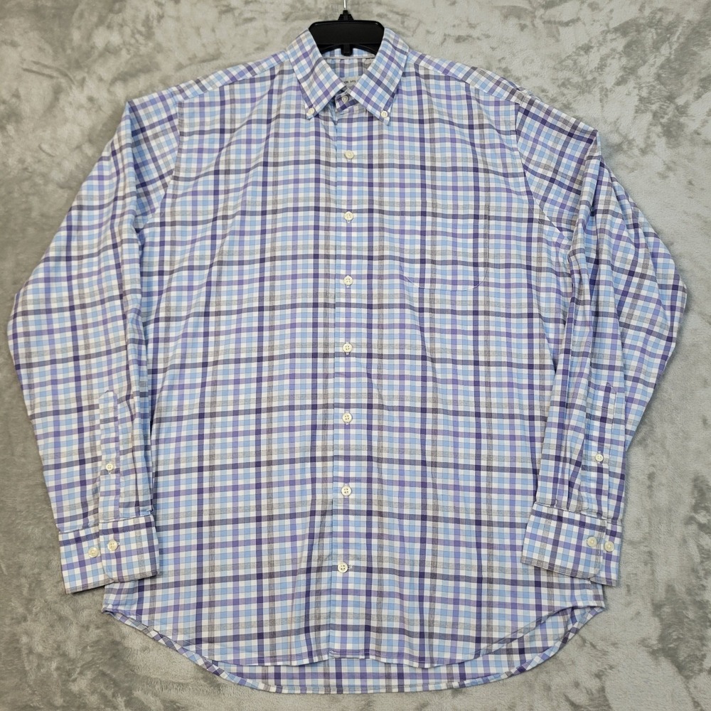 Peter Millar Shirt Mens Large Blue Purple Grey Plaid Long Sleeve Button Down